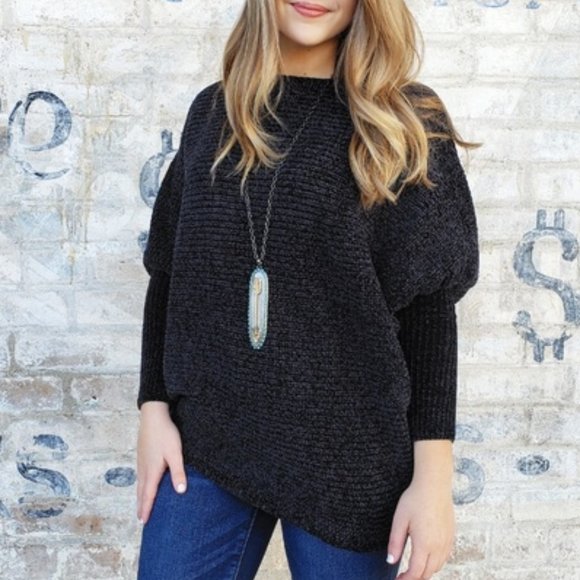 Black Soft Chenille Dolman Sleeve Sweater - Picture 2 of 7